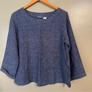 Singrid Olsen Womens Chambray Blue 3/4 Sleeves Boxy 100% Linen Top M